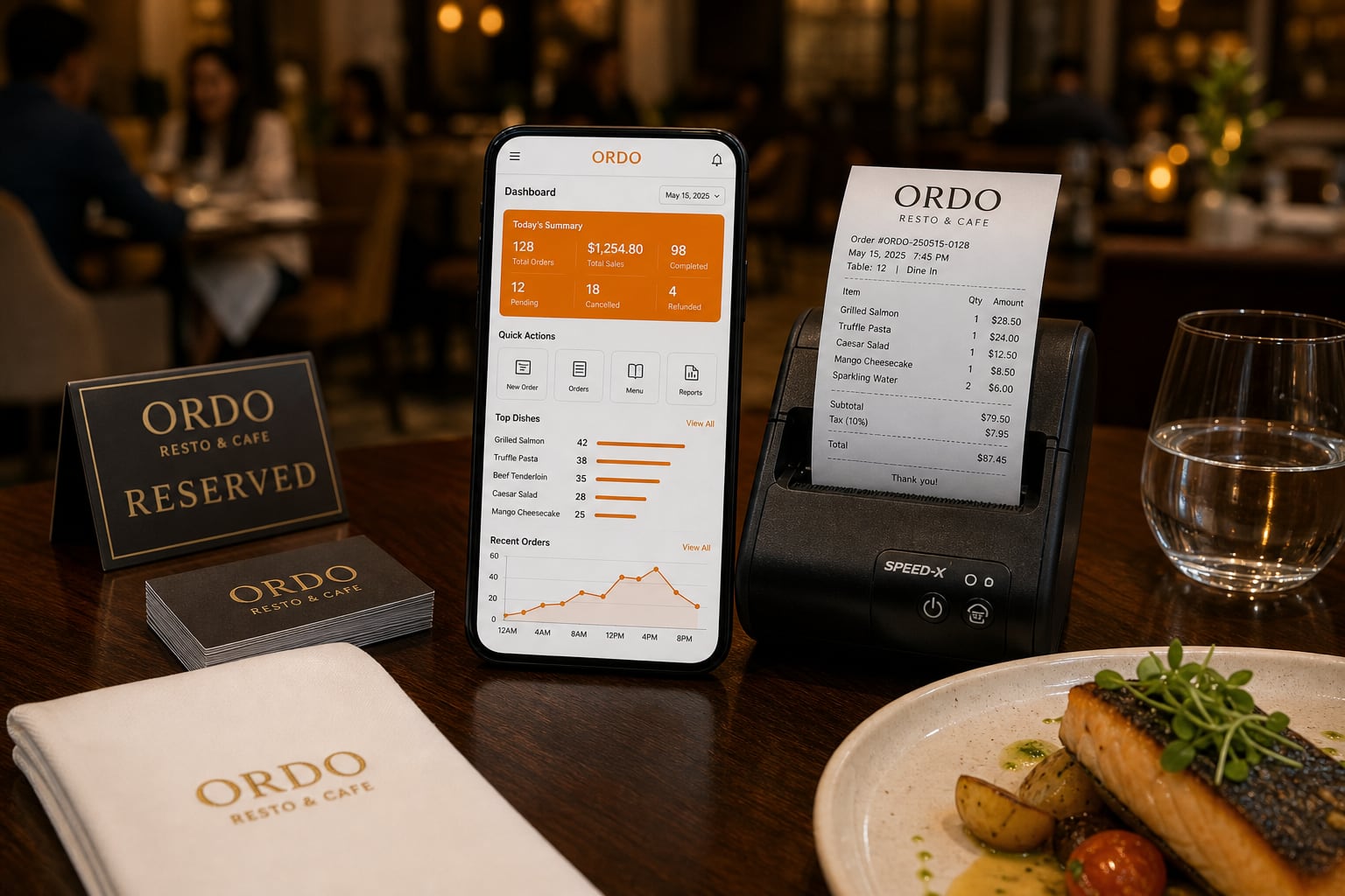 ORDO on a restaurant table — phone dashboard beside a thermal printer and printed ticket